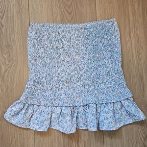 Lulu's Blue and White Smocked Trumpet Mini Skirt